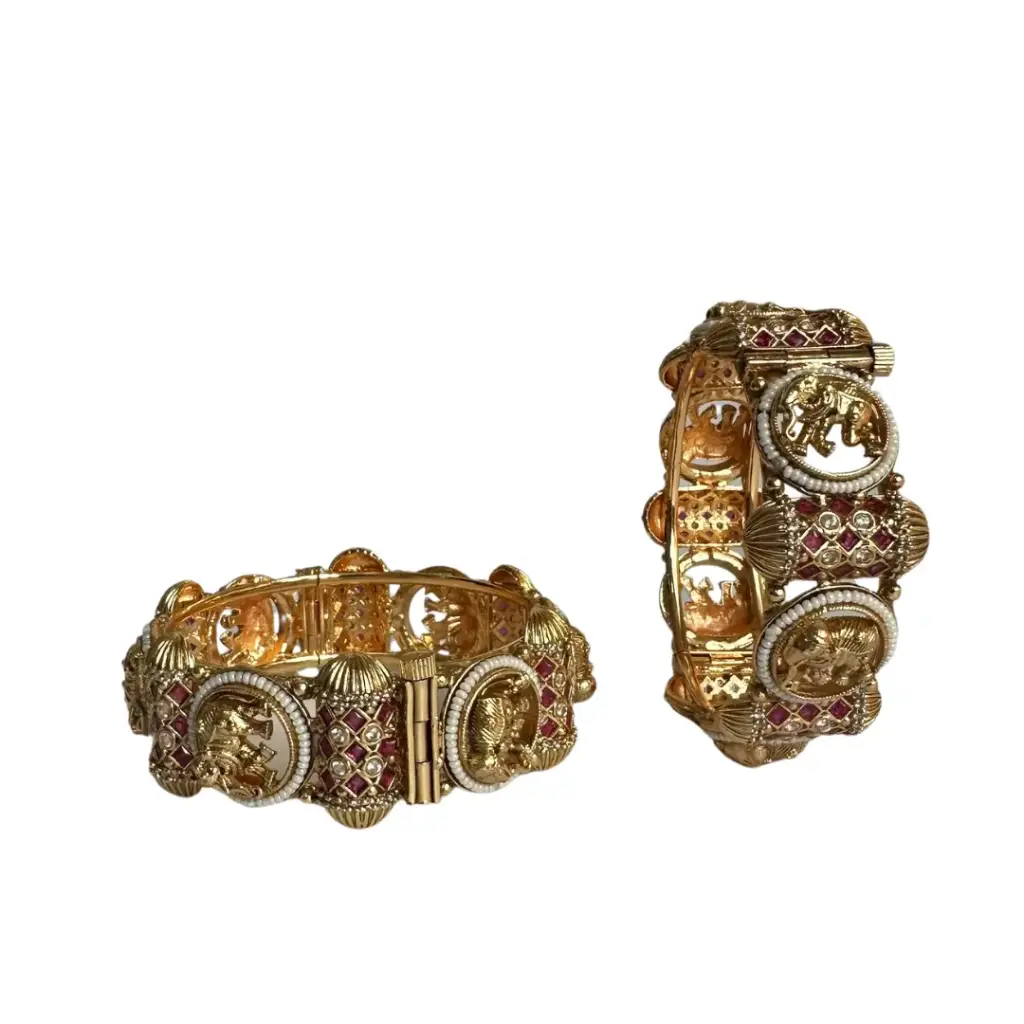 Royal Antique Gold Elephant Design Kada Bangles – Traditional Bridal Artificial Jewellery (Pair)