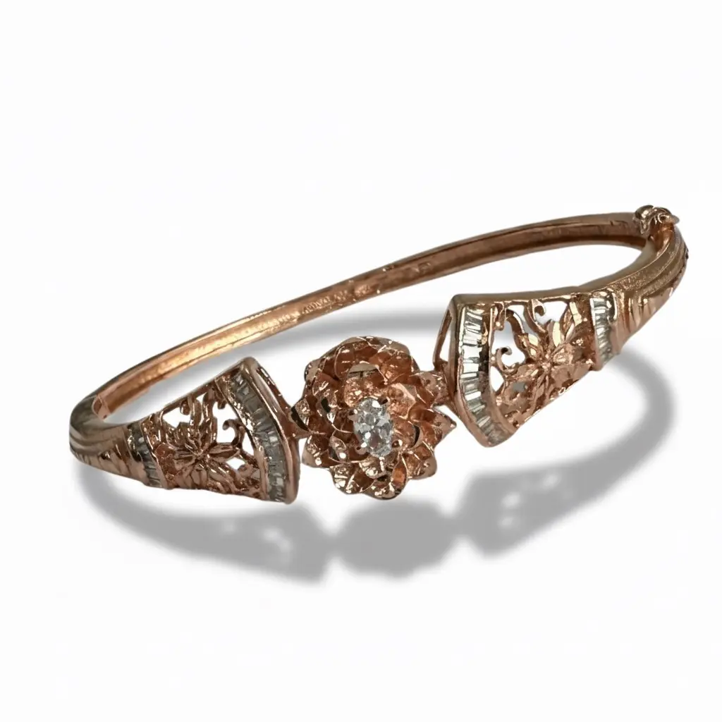 Elegant Rose Gold Floral Kada Bracelet with Sparkling Center Stone