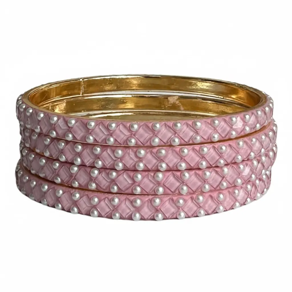 [MIRA00013] Elegant Pink Pearl-Studded Designer Bangles – Set of 4