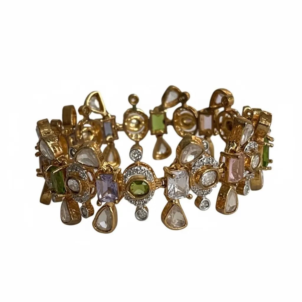 [MIRA00015] Luxora Multicolor Kundan-Inspired Statement Bracelet – Gold-Tone Bridal & Festive Jewelry