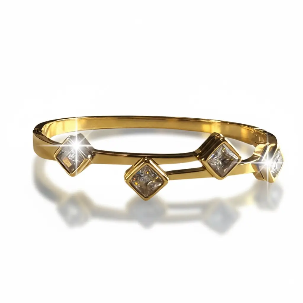 Elegant Gold-Tone Geometric Square Stone Bracelet