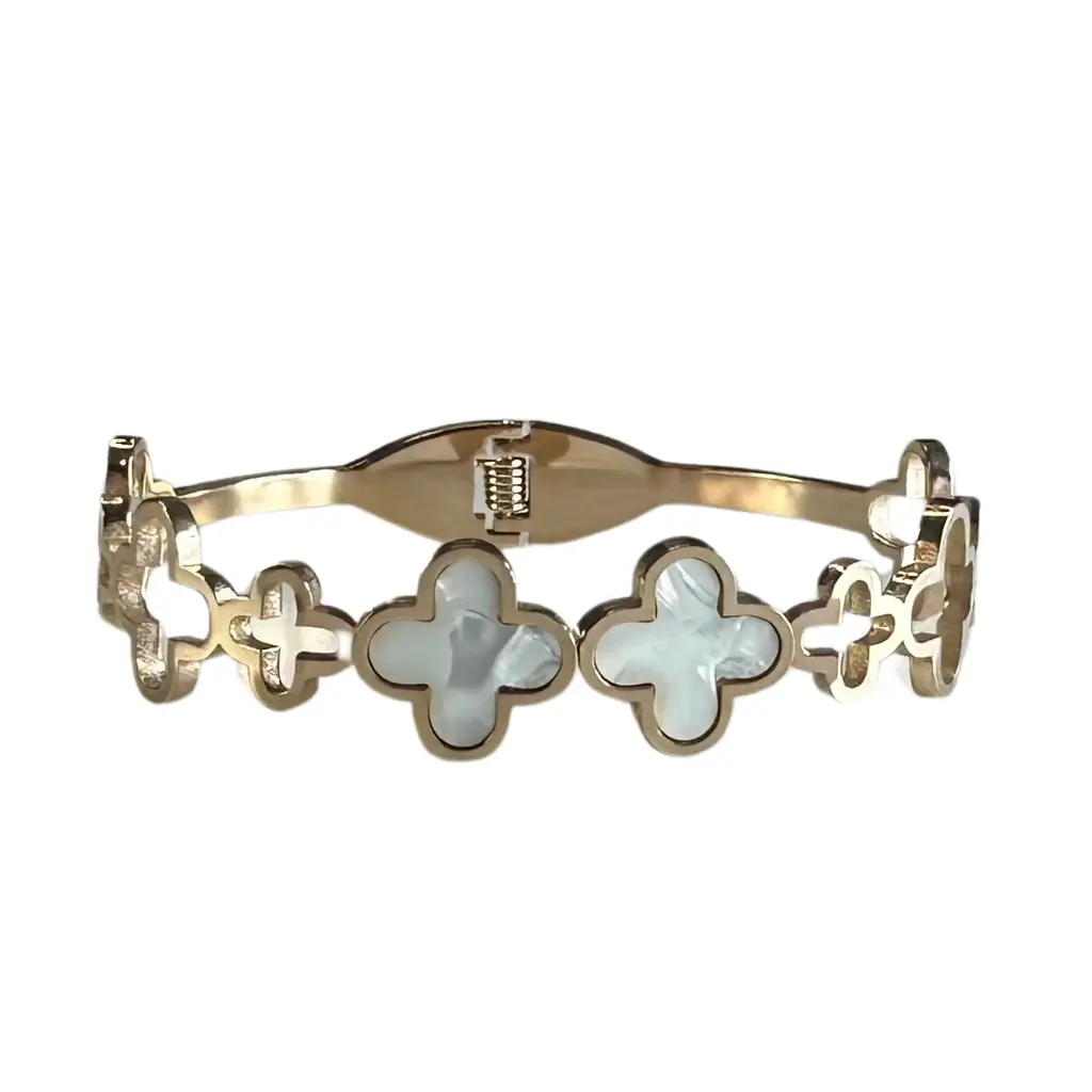 [MIRA00019] Elegant Mother-of-Pearl Clover Bangle Bracelet – Premium Gold-Tone Finish
